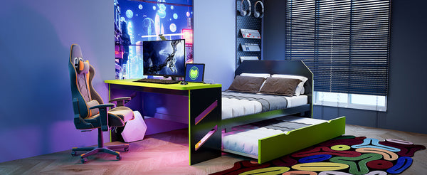 English Elm Full Size Wood Daybed with Twin Trundle Desk and Usb Charging for Teen Rooms Green LT000262AAG