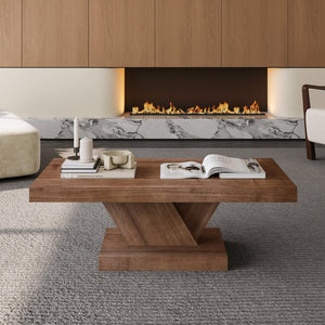 English Elm 47" X-base Oak Wash Coffee Table Solid Veneer Sculptural Frame for Living Room Walnut W1435P337639
