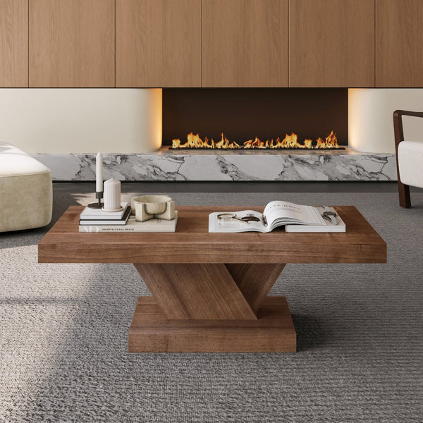 English Elm 47" X-base Oak Wash Coffee Table Solid Veneer Sculptural Frame for Living Room Walnut W1435P337639