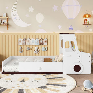 English Elm Twin Car Shaped Floor Bed with Storage Drawers and Built in Desk for Kids W1580P396323