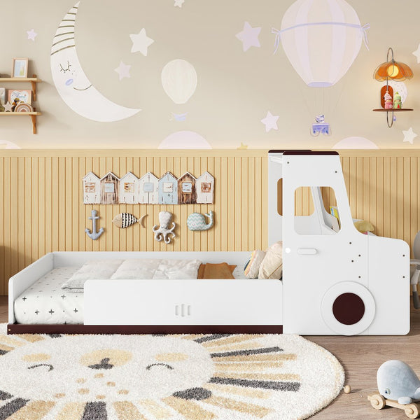 English Elm Twin Car Shaped Floor Bed with Storage Drawers and Built in Desk for Kids W1580P396323