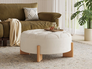 English Elm 32" Round Chenille Ottoman Tufted Footrest with Rubberwood Legs for Living Room Beige N723P405298A