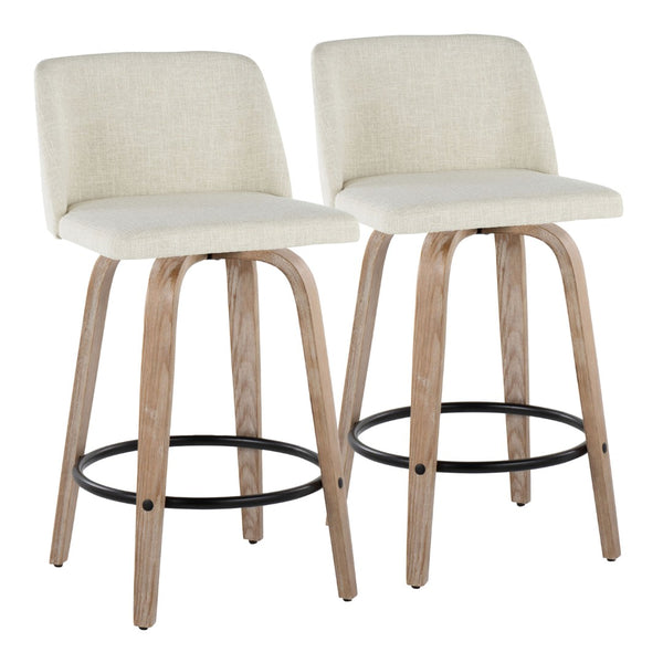 English Elm Toriano 26" Modern Swivel Counter Stools Set Of 2 In Whitewashed Wood & Cream Fabric Comfort Style B202S00401-GIGA