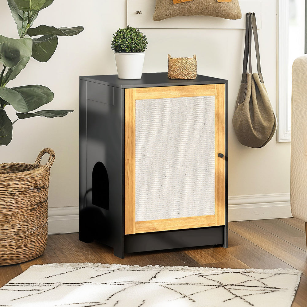 English Elm Cat Litter Box Enclosure Modern Black Litter Cabinet with Sisal Scratching Door, Wheels & Storage W1687P356622