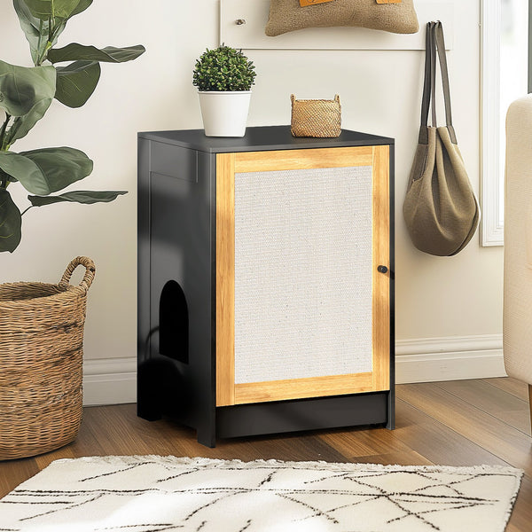 English Elm Cat Litter Box Enclosure Modern Black Litter Cabinet with Sisal Scratching Door, Wheels & Storage W1687P356622