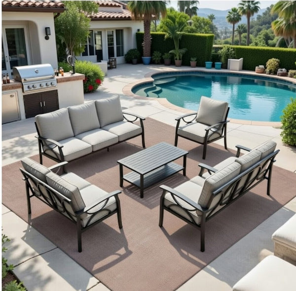 English Elm 7-piece Outdoor Sectional Set Steel Frame 9 Seat Patio Conversation with Cushioned Ottomans Grey+Black B082S00131