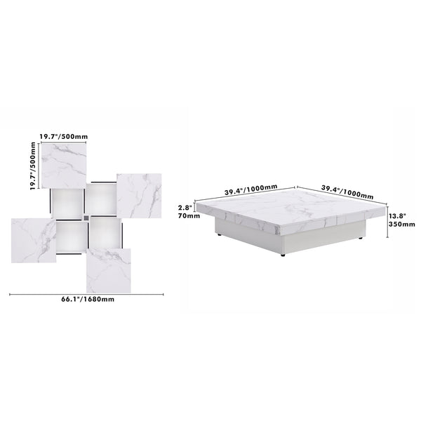 English Elm Square Marble Veneer Coffee Table with Sliding Top Hidden Storage Pedestal Base White N735P388120K