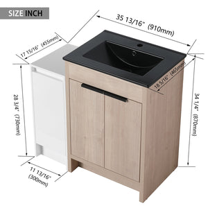 English Elm 36 Inch Freestanding Bathroom Vanity With Black Sink, Soft-Close Doors & Ample Storage Solutions W999S00303