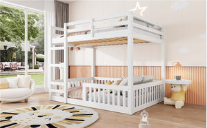 English Elm Full Full over Full Wood Bunk Bed with Ladder & Guardrails, Space-Saving Pine Frame for Kids Rooms White N7090002223K