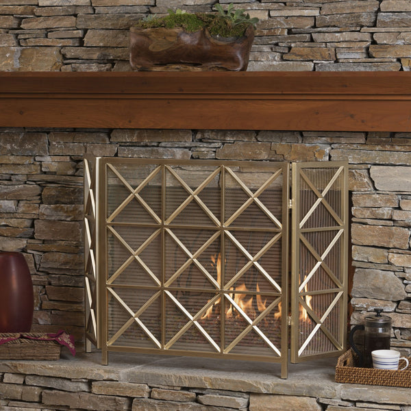 English Elm Christopher Knight Home® - FIRE Margaret 3-Panel Iron Fireplace Screen – Rose Gold/Black/Gold X-Pattern, Spark & Soot Shielding 61131.00