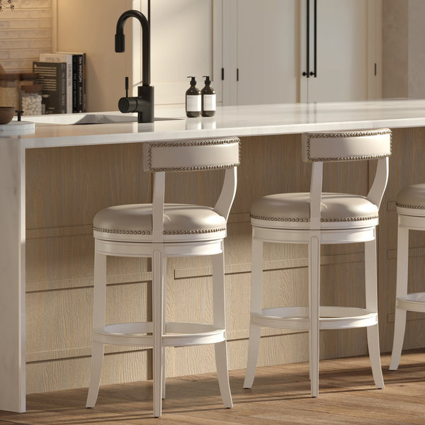 English Elm 31" Swivel Barstool Linen Upholstered Seat Nailhead Trim Warm Wood Kitchen Island White B2751P436449