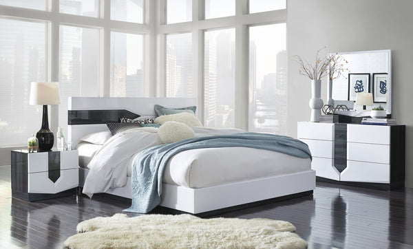 English Elm VIOS ZEBRA WHITE KING BED with Zebrano Accent, Low-Profile Contemporary Solid Wood Frame, Gloss Finish White+Black 68.7 L x 4.92 W x 47.83 H B201S00035