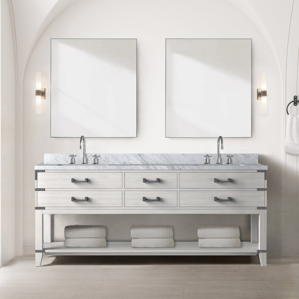 English Elm White Oak Double Bath Vanity 80" W X 22" D, Elegant Carrara Marble Top, Soft-Close Drawers & Storage B2731P260355-GIGA