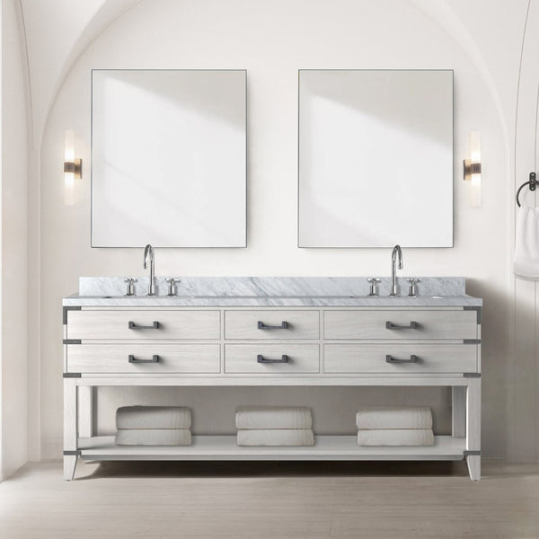 English Elm White Oak Double Bath Vanity 80" W X 22" D, Elegant Carrara Marble Top, Soft-Close Drawers & Storage B2731P260355-GIGA