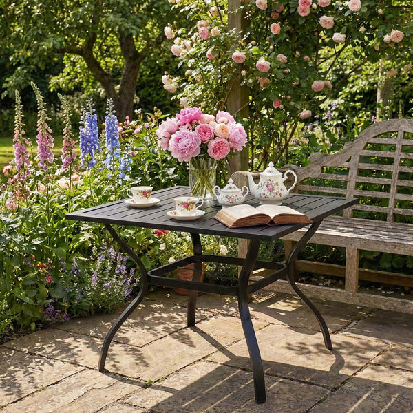 English Elm Metal Square Outdoor Dining Table Powder Coated Steel Slatted Top Seats Four W5159P445936