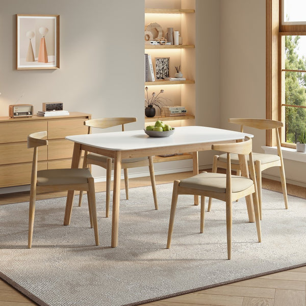 English Elm [video] 5-piece Mid-century Dining Set Rubberwood Frame Faux Leather Chairs Kitchen N759S006011E
