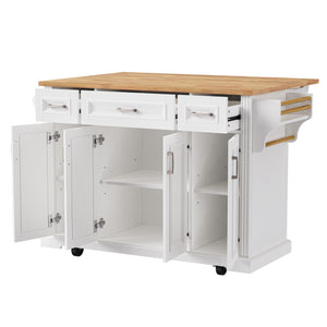 English Elm K&K 54" Farmhouse Kitchen Island with Embossed Texture, Drop Leaf, Soft-Close Drawers & Wheels White N707P195395W