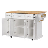 English Elm K&K 54Inch Large Kitchen Island With Rubber Wood Drop Leaf, Embossed Texture Rolling Kitchen Cart On 4 Wheels With 4 Doors and 3 Drawers, Kitchen Island With Storage For Kitchen, Dining Room,White