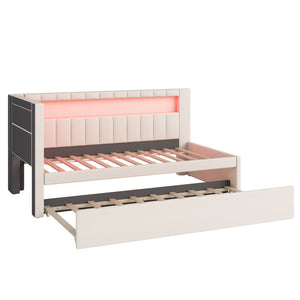 English Elm Upholstered Twin Platform Bed with Trundle, Linen Backrest, Built-In USB Ports & LED Accent Lighting White DL001919AAK