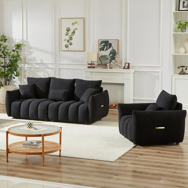 English Elm 3 Plus 1 Seater Teddy Fleece Sofa Set Wooden Frame Foam Spring Living Room Pair Black W1193S00188