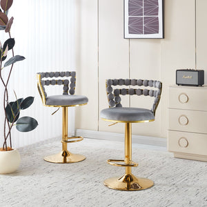 English Elm Modern Glam Pub Set with Marble Top Round Table and Two Adjustable Stools Grey+Gold W234S00132