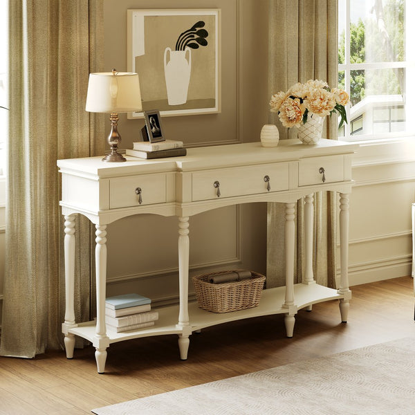 English Elm [video] Solid Pine Console Table Ornate Carved Legs Copper Hardware Soft-close Drawers White N759P433566K