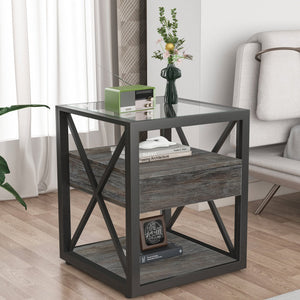 English Elm 1 Modern End Table With Drawer - Industrial Rustic Wood & Glass Nightstand, Compact Storage Solution W241P246916