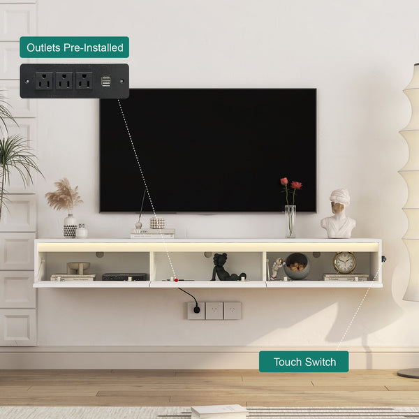 English Elm Floating LED TV Stand Wall Mounted Shelf with Power Outlet, High-Gloss White MDF Cabinet, Storage & Cord Management - Modern Living Room Accent W1321P311892