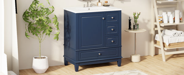 English Elm Christopher Knight Home® - 30" Freestanding Bathroom Vanity with Ceramic Sink, Soft-Close Door, Gold Knobs & 3 Drawers, Durable Painted Finish Blue N759P225994C