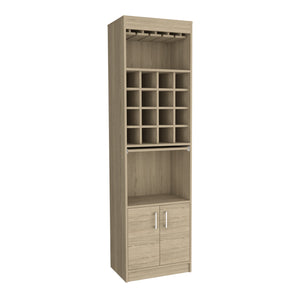 English Elm Being Kava Floor Bar Cabinet Light Pine Finish with Wine Rack and Stemware Storage B200S00097