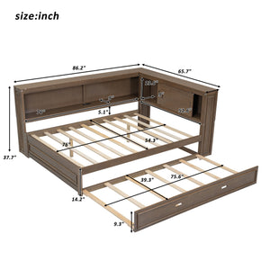 English Elm Full Pine Daybed with Trundle Sliding Storage Shelves Led Lighting and Usb Charging Wood GX004003AAD