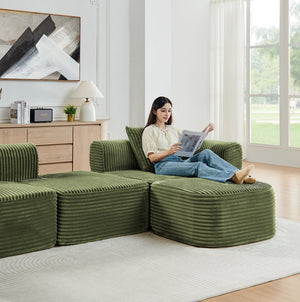 English Elm 114" Cloud Sectional Couch with L-Shape Chaise Modular Corduroy Sofa with Movable Ottoman, No Assembly Required, Plush Comfort for Living Spaces Green W1117P371655