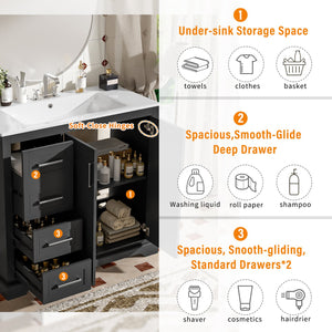 English Elm 36" Modern Bathroom Vanity with Ceramic Sink, Soft-Close Doors, 3 Drawers & Ample Storage for Small Baths Black N729P280194B