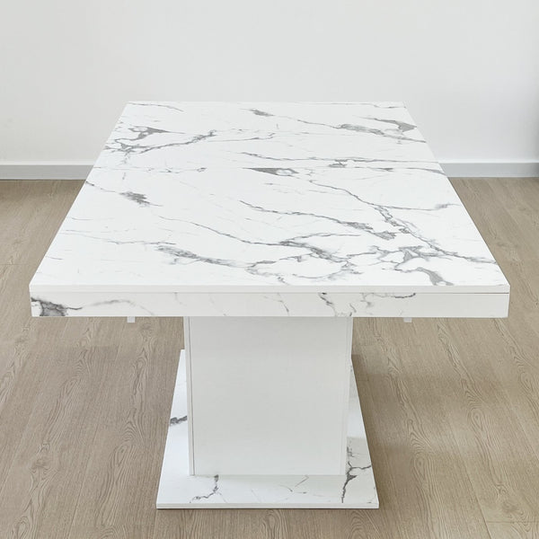 English Elm Extendable Faux Marble Dining Table with V-Legs — Sleek Expandable Conference & Kitchen Centerpiece for 6–10 White Marble W1347S00008