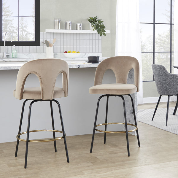 English Elm Fixed-height Swivel Counterstools with White Upholstery Gold Footrest Set of 2 Taupe B202S01792
