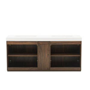 English Elm Galan 72 Inch Double Sink Vanity Fluted Wood Quartz Top Freestanding Bathroom Cabinet Walnut Brown W1865S00228