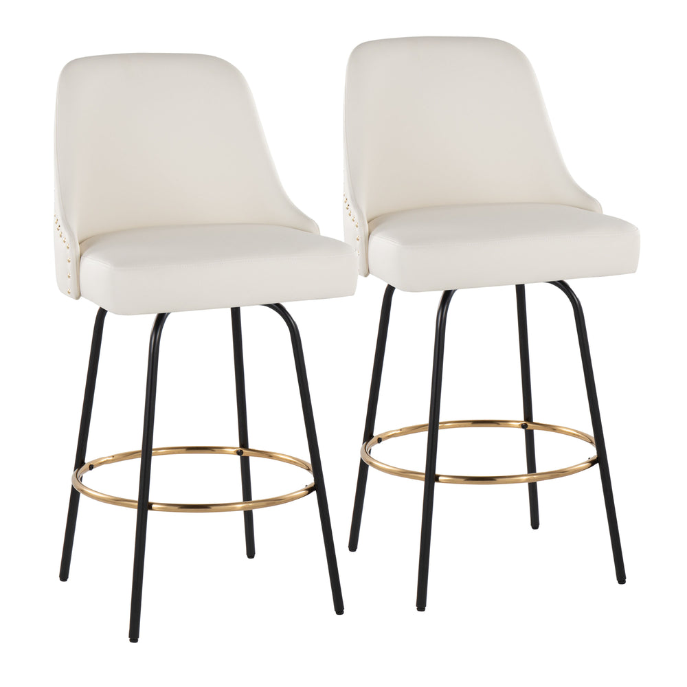 English Elm Fixed-height Swivel Counterstools White Faux Leather Gold Nailhead Black Frame Set 2 B202S01851