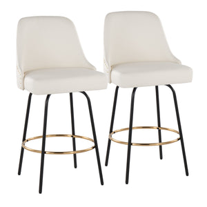English Elm Fixed-height Swivel Counterstools White Faux Leather Gold Nailhead Black Frame Set 2 B202S01851