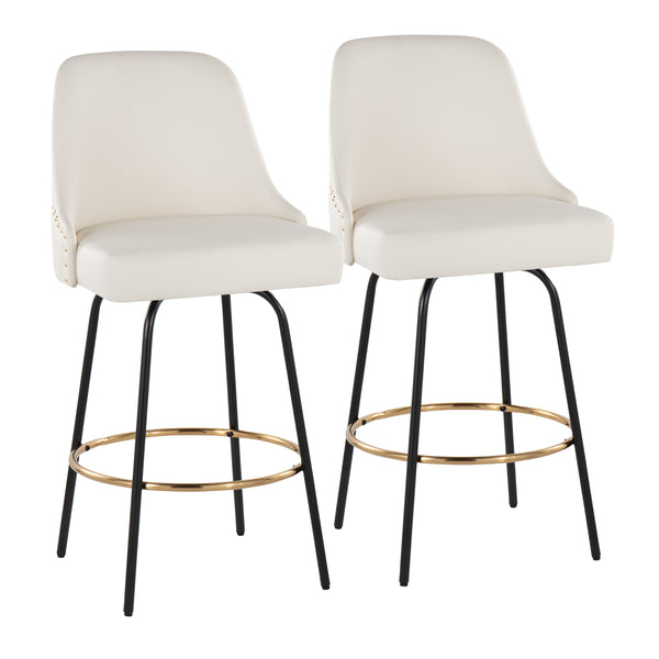 English Elm Fixed-height Swivel Counterstools White Faux Leather Gold Nailhead Black Frame Set 2 B202S01851