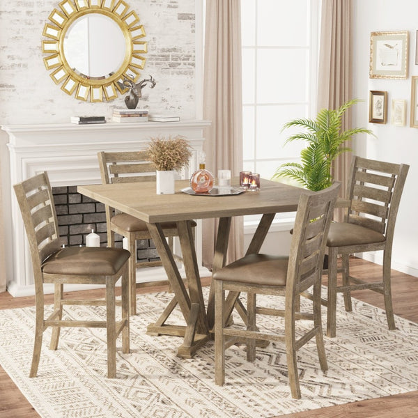 English Elm [5-Piece] Rustic Farmhouse Counter Height Dining Set With Upholstered Chairs For Cozy Spaces W2537S00002-GIGA