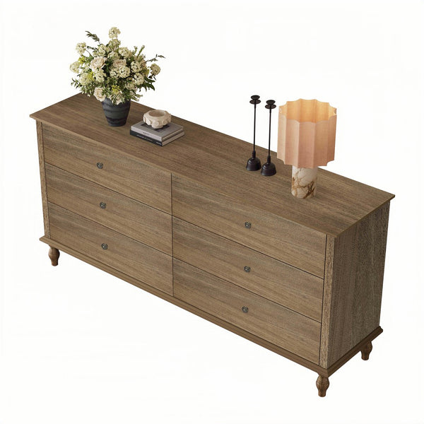English Elm 6-drawer Wide Dresser Burnt Wood Grain Finish Copper Handles Roman Column Legs Bedroom Antique Brown,Light Brown W1445S00002