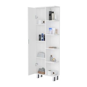 English Elm FM FURNITURE Randall Linen Cabinet White - Elegant 1-Door, 9 Shelves, Durable Particleboard Storage for Bathroom B128P321051