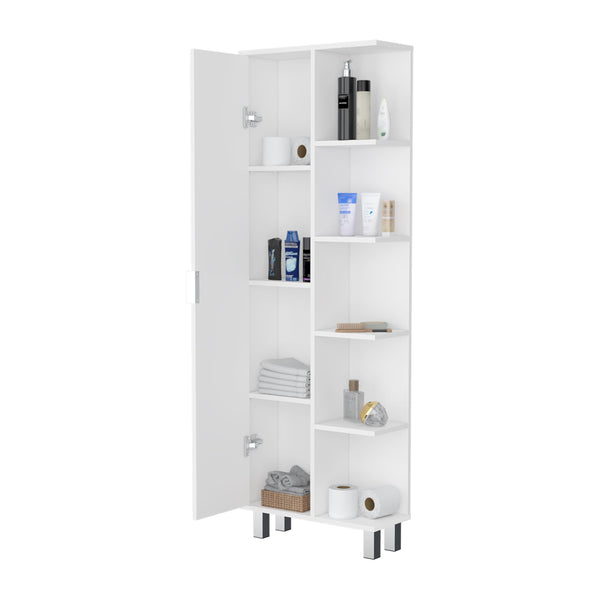 English Elm FM FURNITURE Randall Linen Cabinet White - Elegant 1-Door, 9 Shelves, Durable Particleboard Storage for Bathroom B128P321051