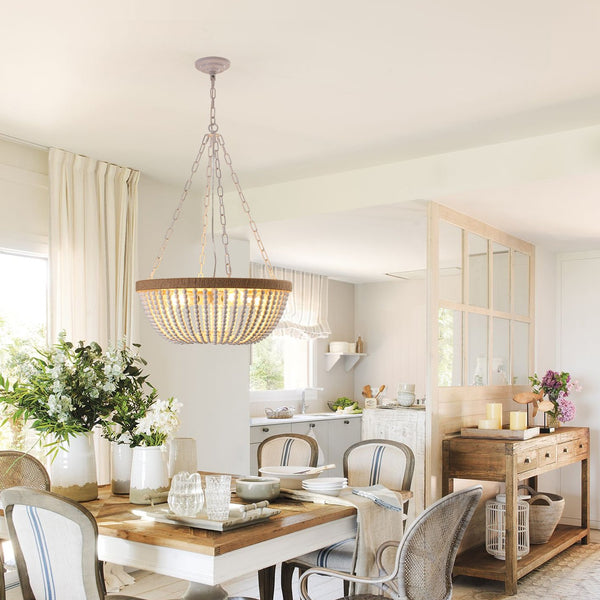 English Elm 22" Bohemian Wood Beaded Pendant Chandelier White+Oak — Soft Ambient Lighting, Durable Iron Craftsmanship W1340P177244