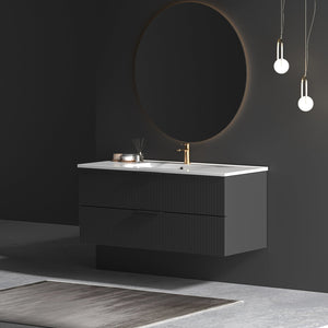 English Elm 48 Inch Floating Bathroom Vanity Fluted Matte Black with Ceramic Sink and Soft Close Drawers W3520S00040