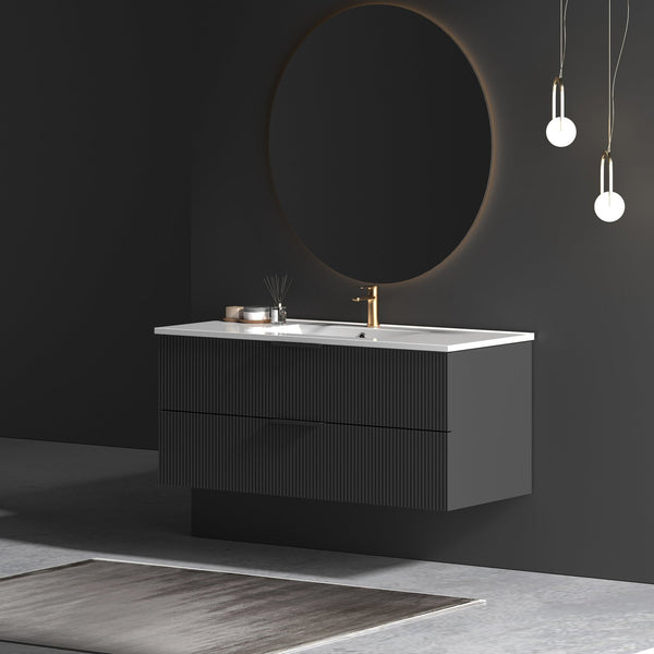 English Elm 48 Inch Floating Bathroom Vanity Fluted Matte Black with Ceramic Sink and Soft Close Drawers W3520S00040