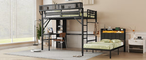English Elm Full Full over Twin Metal Bunk Bed with Desk, Bookshelves, LED Lighting & USB Charge Station, Black W2580S00040