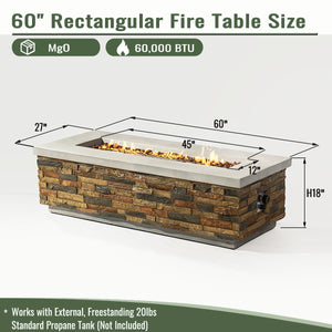 English Elm 60" Propane Gas Fire Pit Table 2-Pieces 60000 BTU Rectangular Concrete Sandstone with Cover & Lava Rocks W853S00007