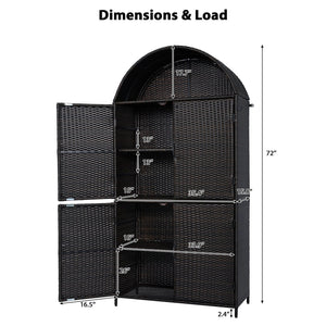 English Elm K&k Tall Arched Pe Rattan Outdoor Storage Cabinet with Adjustable Shelves and Steel Frame Brown+Black N707P420158D