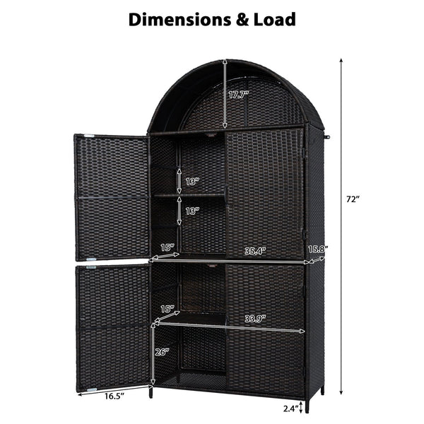 English Elm K&k Tall Arched Pe Rattan Outdoor Storage Cabinet with Adjustable Shelves and Steel Frame Brown+Black N707P420158D